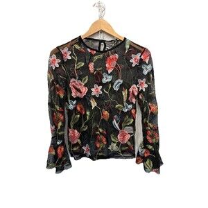 PIANO C Top Women S Italy Sheer Mesh Floral Embroidery Poet Sleeve New Whimsical